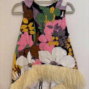 La Double J sleeveless print top with feathered trim at bottom  SIZE S